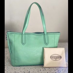FOSSIL LEATHER SYDNEY MINT GREEN TOTE BAG